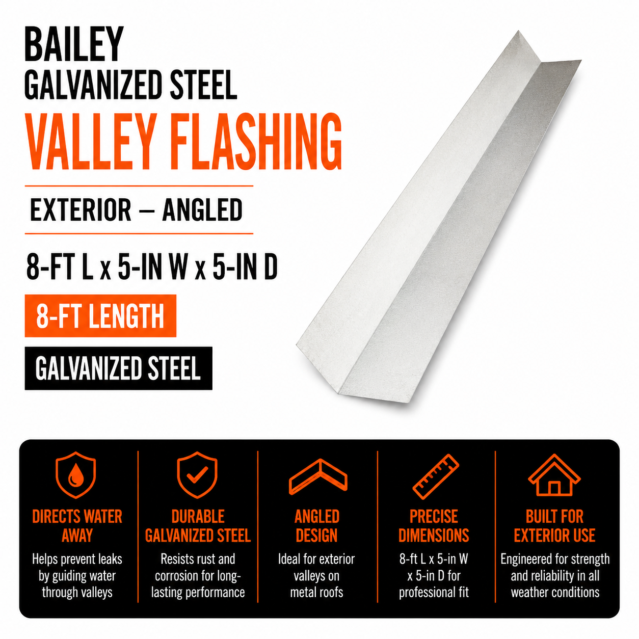 Bailey Galvanized Steel Valley Flashing - Exterior - Angled - 8-ft L x 5-in W x 5-in D