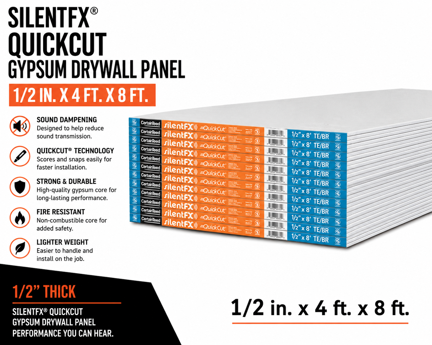 1:2 in. x 4 ft. x 8 ft. SilentFX® QuickCut Gypsum Drywall Panel