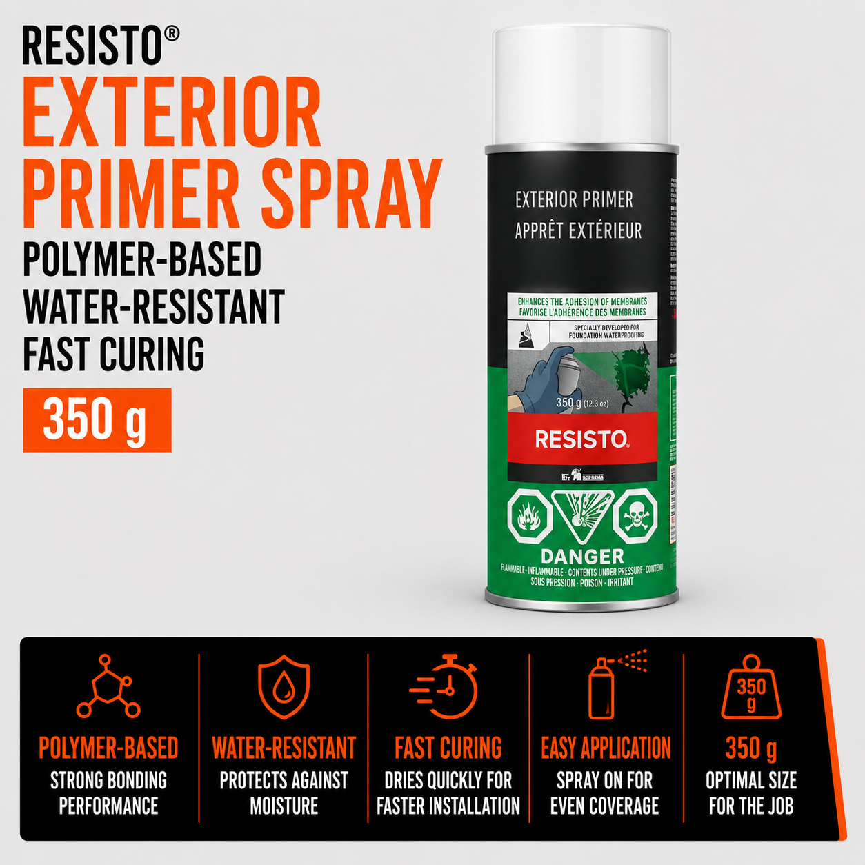 Resisto Exterior Primer Spray - Polymer-Based - Water-Resistant - Fast Curing - 350 g