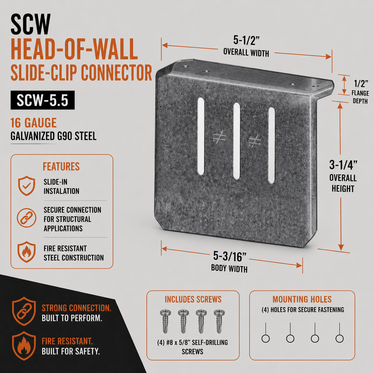 16ga. 5-1/2 in. SCW Head-of-Wall Slide-Clip Connector w/ Screws