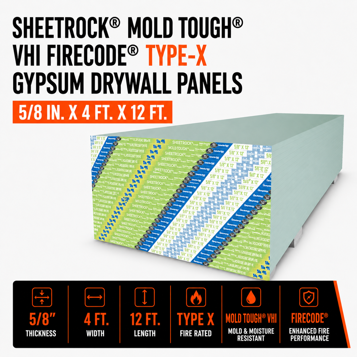 5/8 in. x 4 ft. x 12 ft. Sheetrock® Mold Tough® VHI Firecode® Type-X Gypsum Drywall Panels