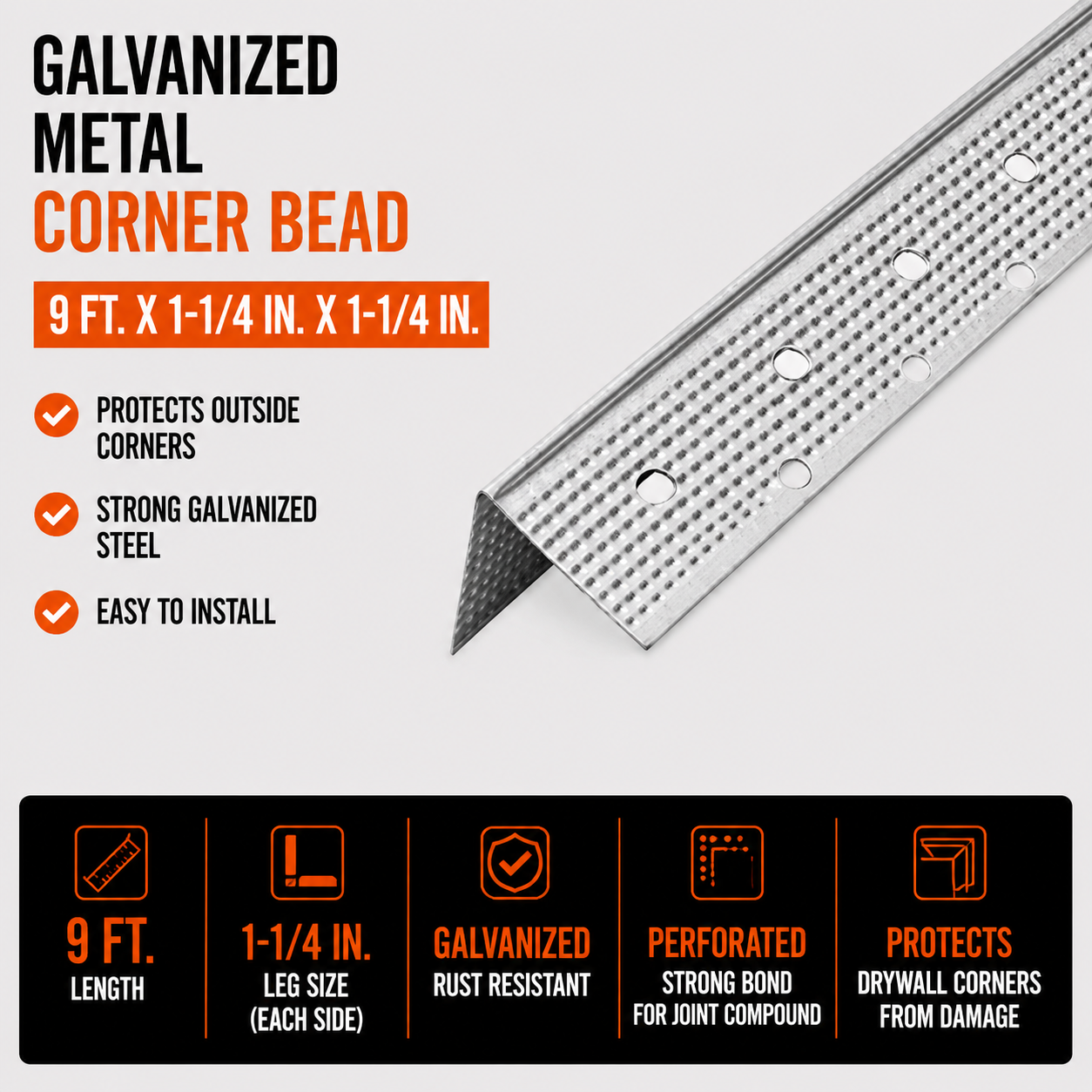 9 ft x 1.25 in x 1.25 in Galvanized Metal Corner Bead