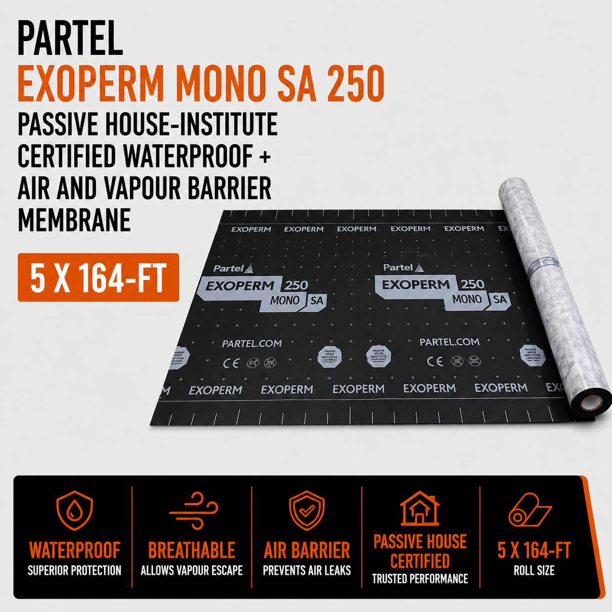 Partel EXOPERM MONO SA 250 Passive House-Institute Certified Waterproof + Air and Vapour Barrier Membrane 5 x 164-ft