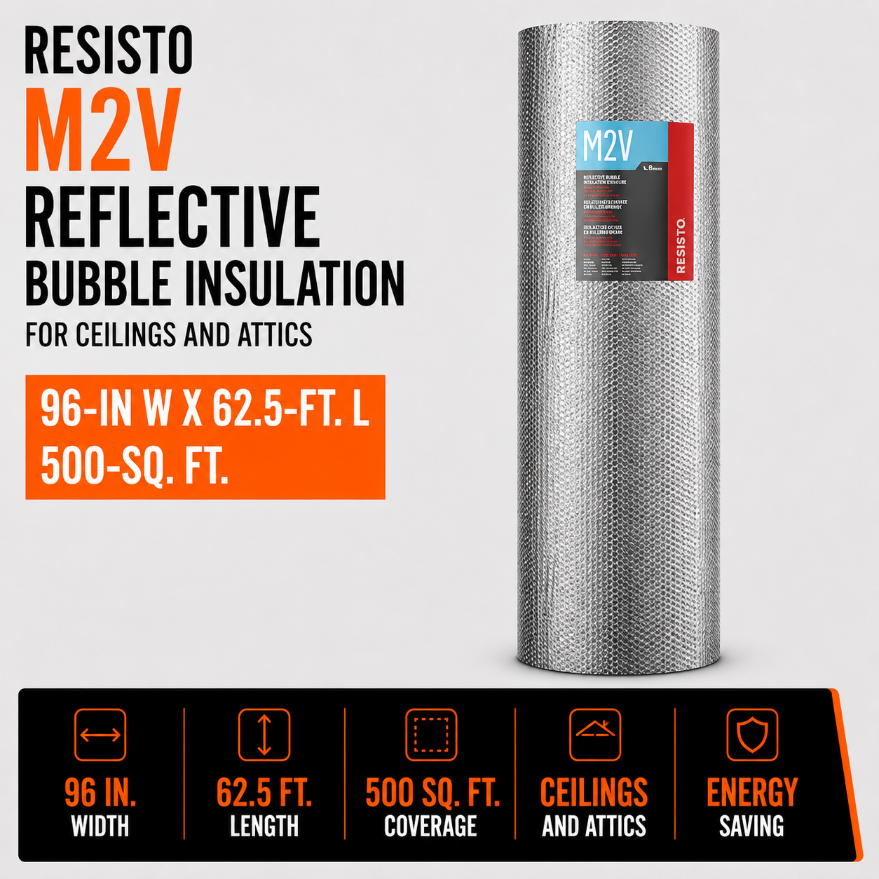 Resisto M2V Reflective Bubble Insulation - 96-in W x 62.5-ft. L - 500-sq. ft. - For Ceilings and Attics
