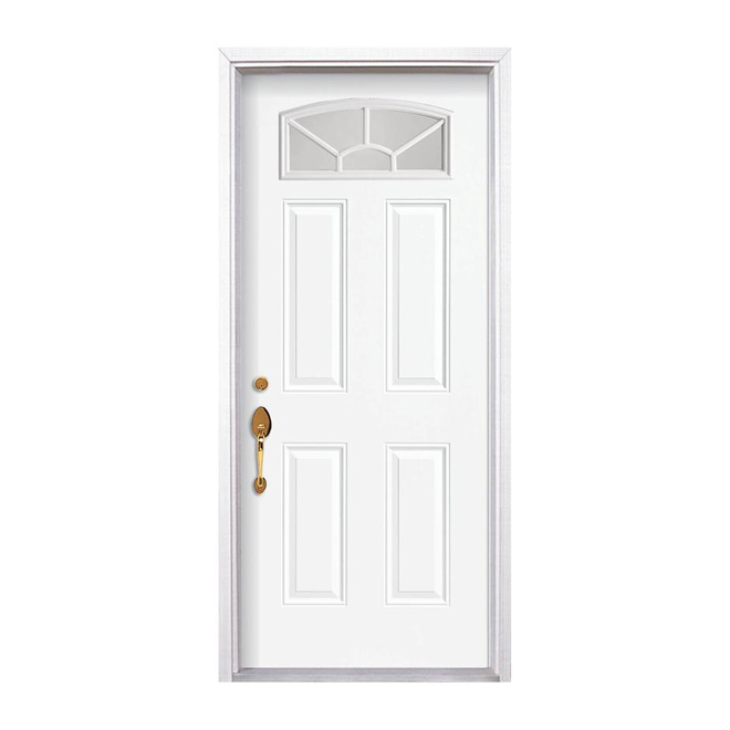 Masonite White 4-Panel Steel Entry Door with Camber Fan Lite - Primed White Finish - 36-in W x 80-in H - 4 9/16 Jamb