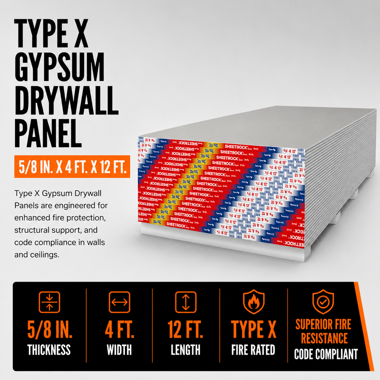 5-8 in x 4 ft x 12 ft Type X Gypsum Drywall Panel