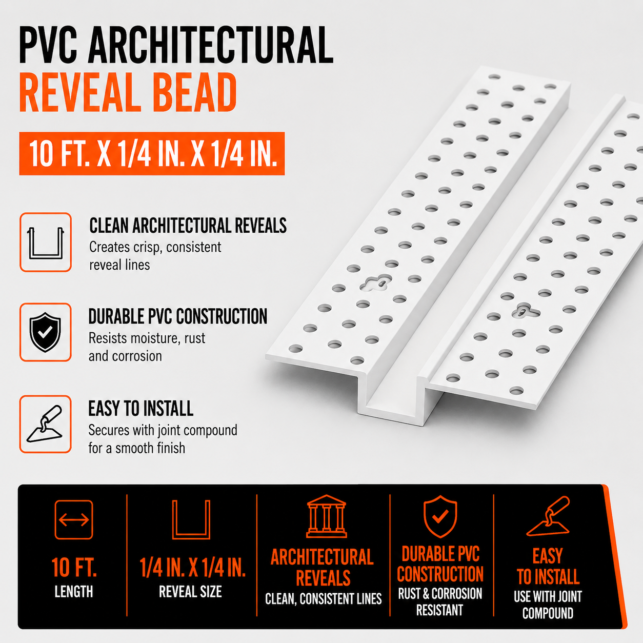 0.25 in x 0.25 in x 10 ft PVC Architectural Reveal Bead