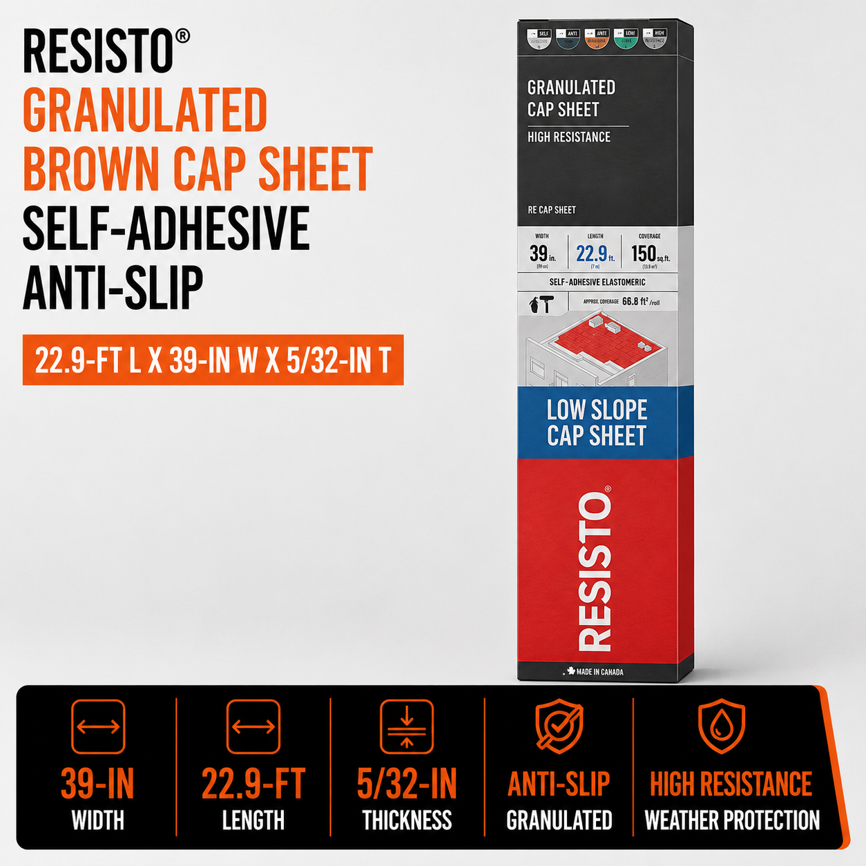 Resisto Granulated Brown Cap Sheet - Self-Adhesive - Anti-Slip - 22.9-ft L x 39-in W x 5-32-in T