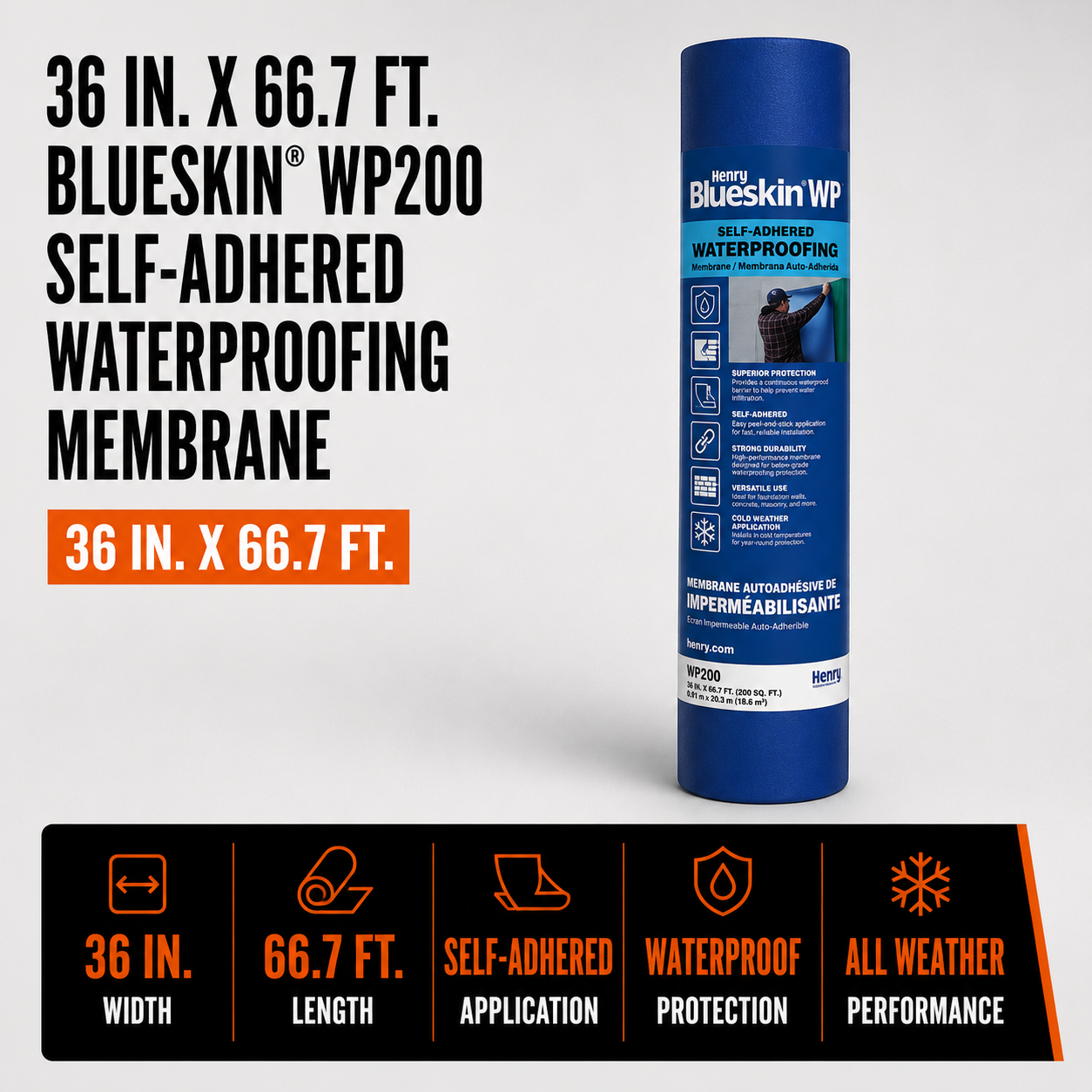 36 in. x 66.7 ft. Blueskin® WP200 Self-Adhered Waterproofing Membrane