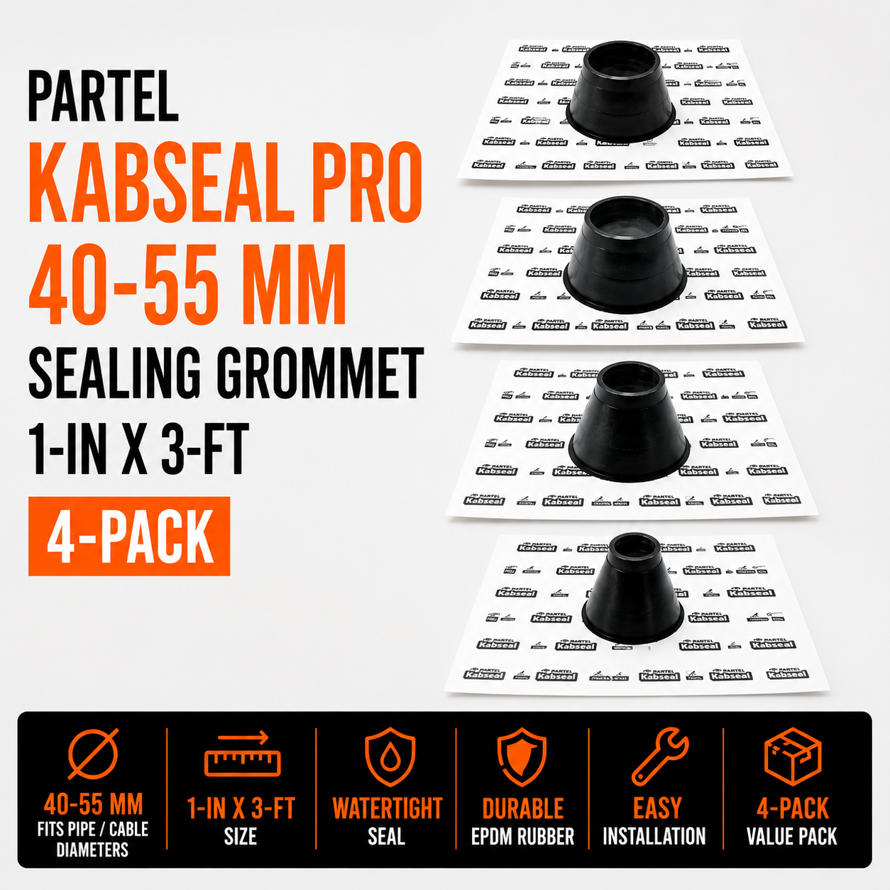 PARTEL Kabseal Pro 40-55 MM Sealing Grommet 1-in x 3-ft - 4-Pack