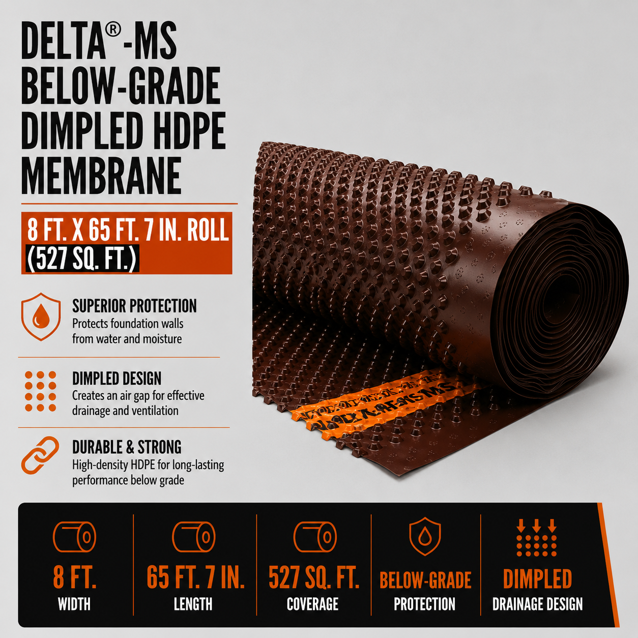 8 ft. x 65 ft. 7 in. Roll DELTA®-MS Below-Grade Dimpled HDPE Membrane (527 sq. ft.)