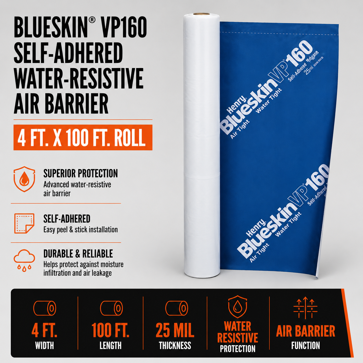 4 ft. x 100 ft. Roll Blueskin® VP160 Membrane Self-Adhered Water-Resistive Air Barrier