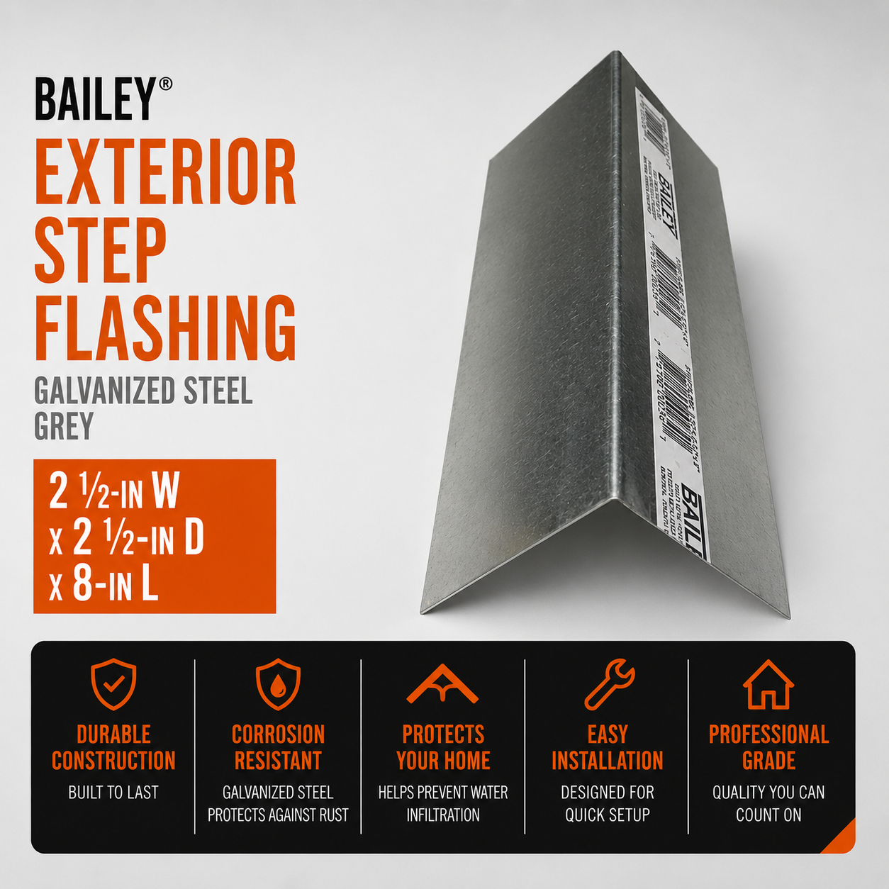 Bailey Exterior Step Flashing - Galvanized Steel - Grey - 2 1-2-in W x 2 1-2-in D x 8-in L