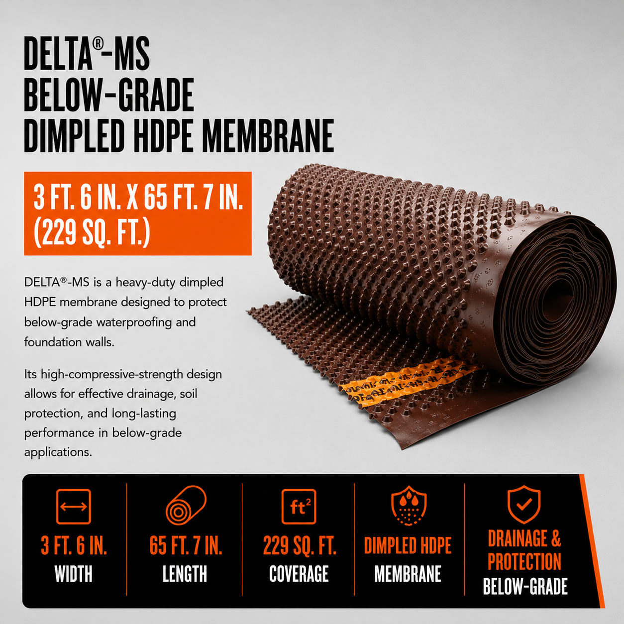 3 ft. 6 in. x 65 ft. 7 in. Roll DELTA®-MS Below-Grade Dimpled HDPE Membrane (229 sq. ft.)