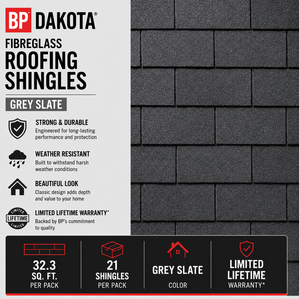 BP Dakota 32.3 sq. ft. 21/Pack Grey Slate Fibreglass Roofing Shingles