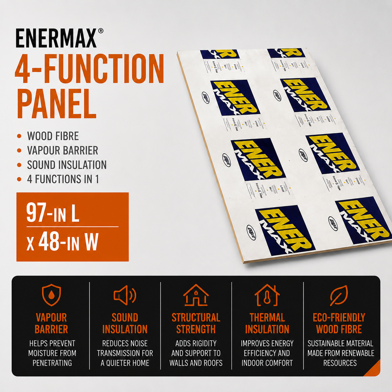 Enermax 4-Function Panel - Wood Fibre - Vapour Barrier - Sound Insulation - 97-in L x 48-in W