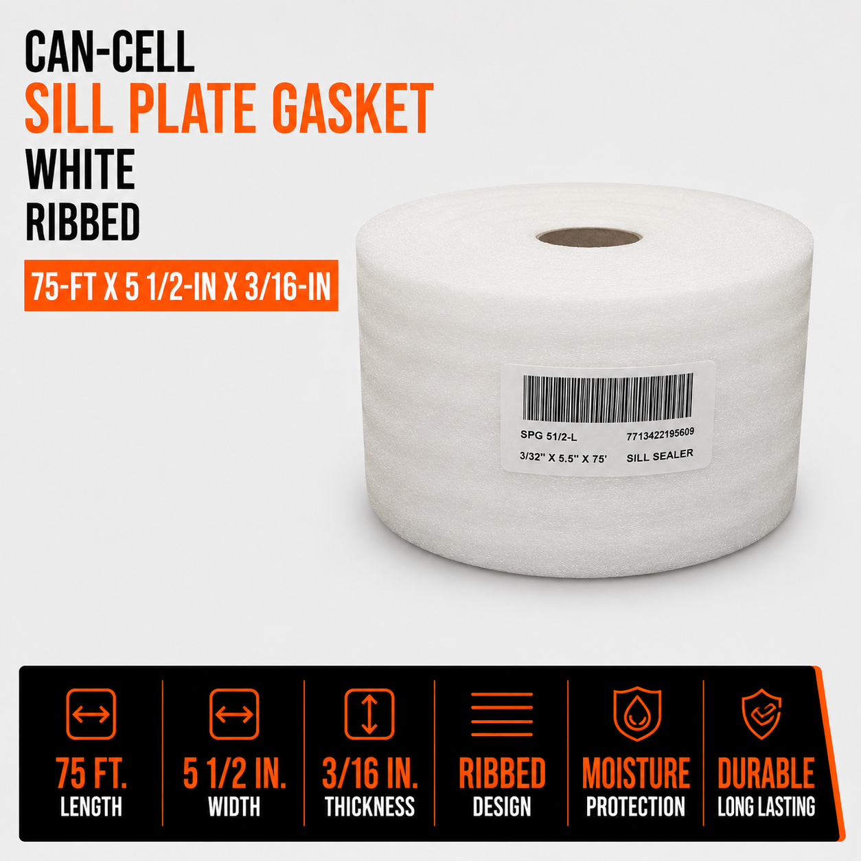 Can-Cell Sill Plate Gasket - White - Ribbed - 75-ft x 5 1/2-in x 3/16-in