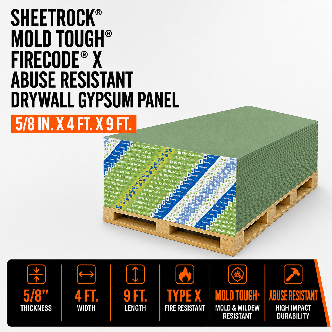 5/8 in. x 4 ft. x 9 ft. Sheetrock® Mold Tough® Firecode® X Abuse Resistant Drywall Gypsum Panel