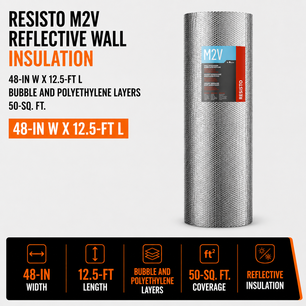 Resisto M2V Reflective Wall Insulation - 48-in W x 12.5-ft L - Bubble and Polyethylene Layers - 50-sq. ft.