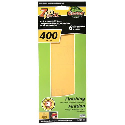 Gator ZipXL Hook and Loop Finishing Sandpaper Sheet - 3 7/8-in W x 9 7/8-in L - 400 Grit - Aluminum Oxide - 6 Per Pack