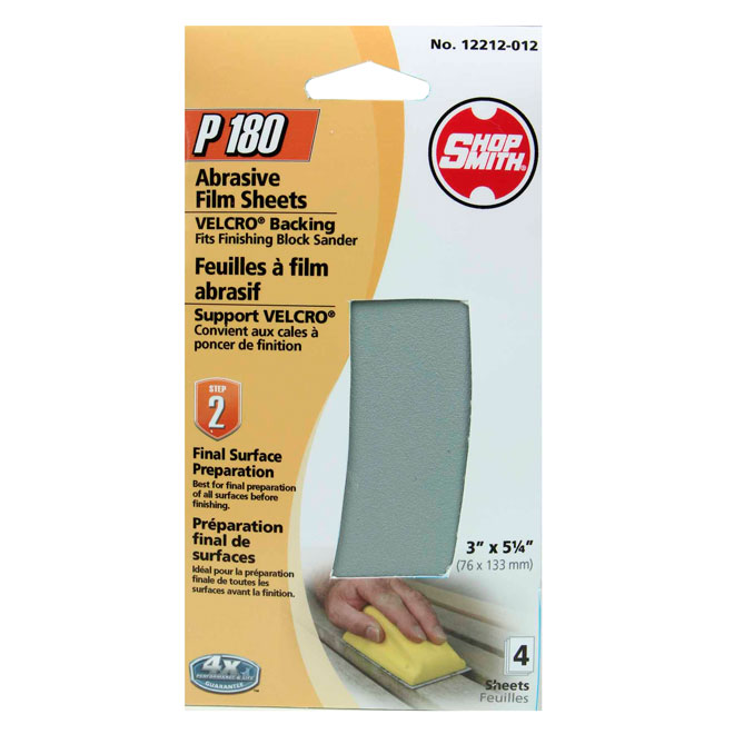 ShopSmith Abrasive Film Sheets with Velcro Backing - 3 1/2-in W x 5 1/4-in L - P180 Grit - Zirconium Oxide - 4 Per Pack