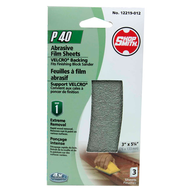 ShopSmith Abrasive Film Sheets with Velcro Backing - 3 1/2-in W x 5 1/4-in L - P40 Grit - Zirconium Oxide - 3 Per Pack