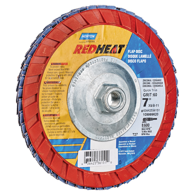 Norton RedHeat Type 27 Ceramic and Zirconia Abrasive Flap Disc - 7-in Dia - 5/8-11-in Arbor - 60 Grit - 10 Per Pack