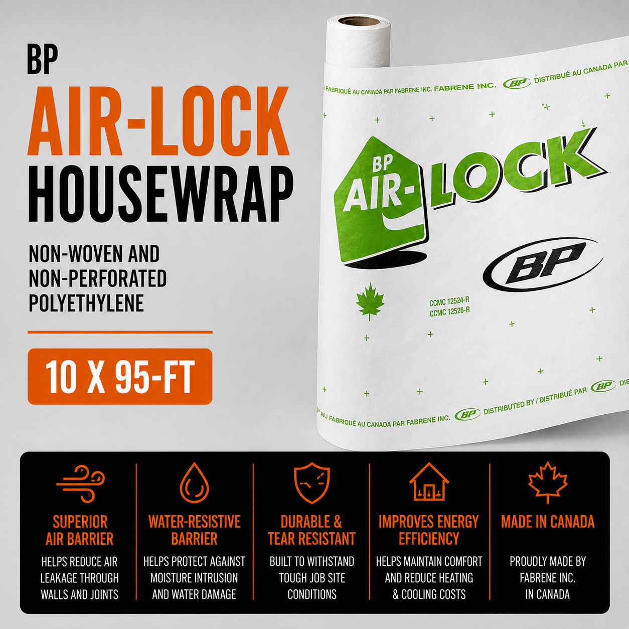 BP Air-Lock Housewrap in Non-Woven and Non-Perforated Polyethylene 10 x 95-ft - White