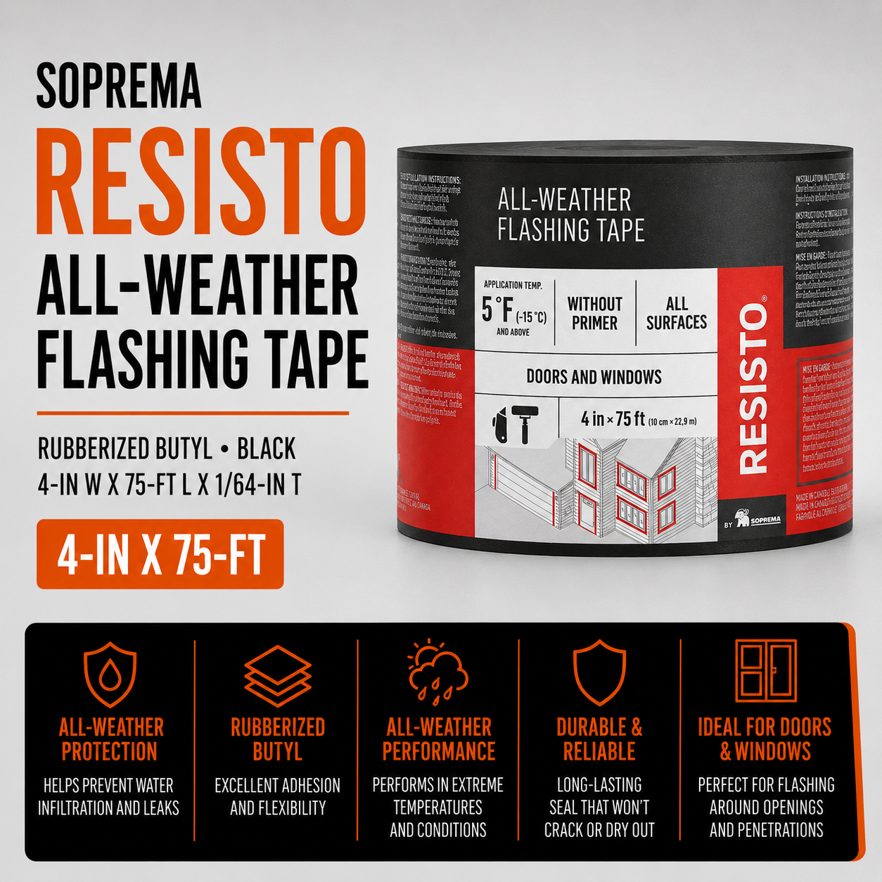 Soprema Resisto All-Weather Flashing Tape - Rubberized Butyl - Black - 4-in W x 75-ft L x 1-64-in T