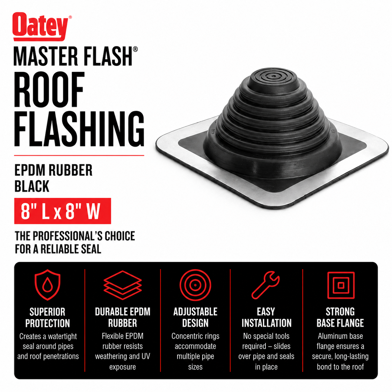 Oatey Master Flash Roof Flashing - Black - EPDM Rubber - 8-in L x 8-in W