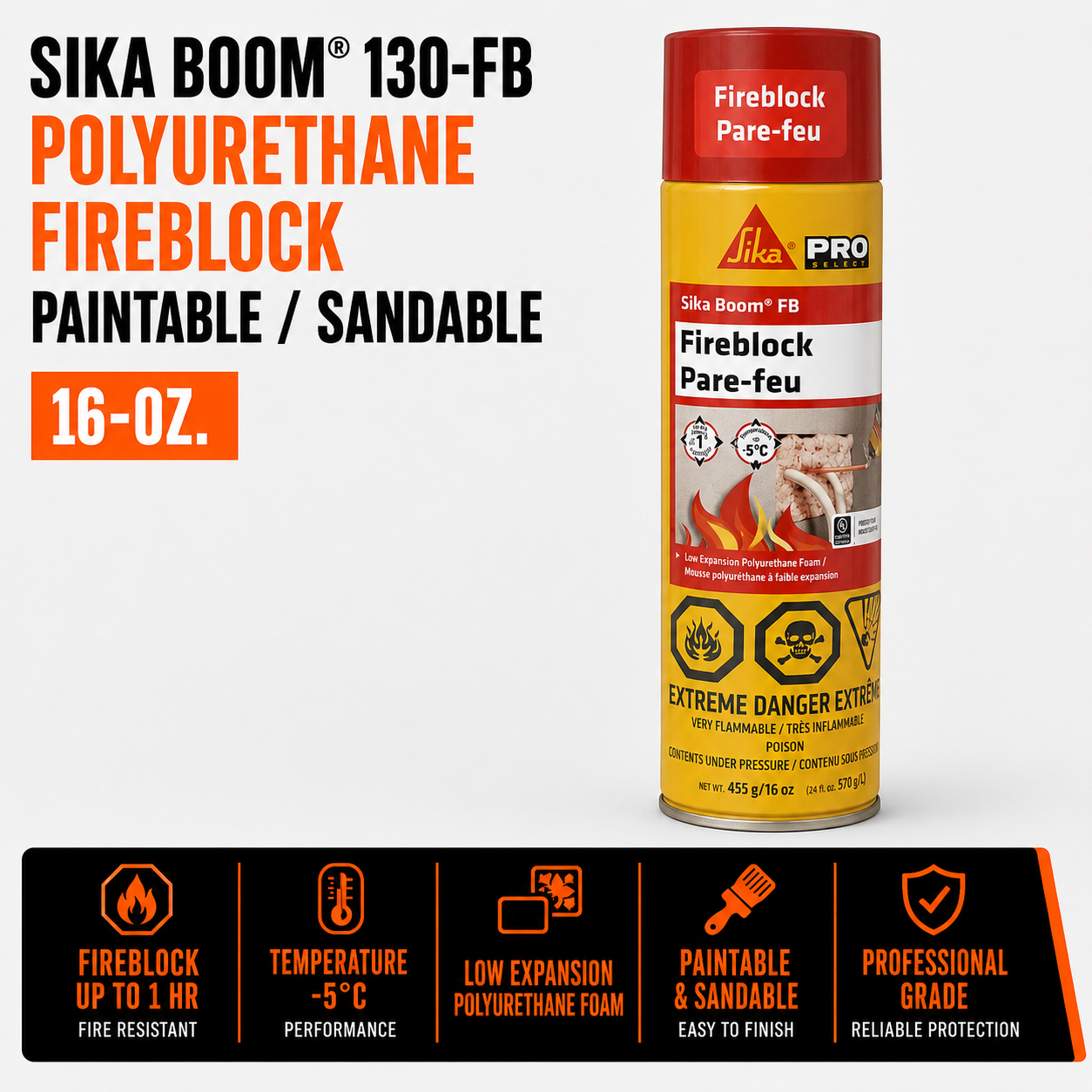 Sika Boom 130-FB Polyurethane Fireblock - 16-oz. - Paintable/Sandable