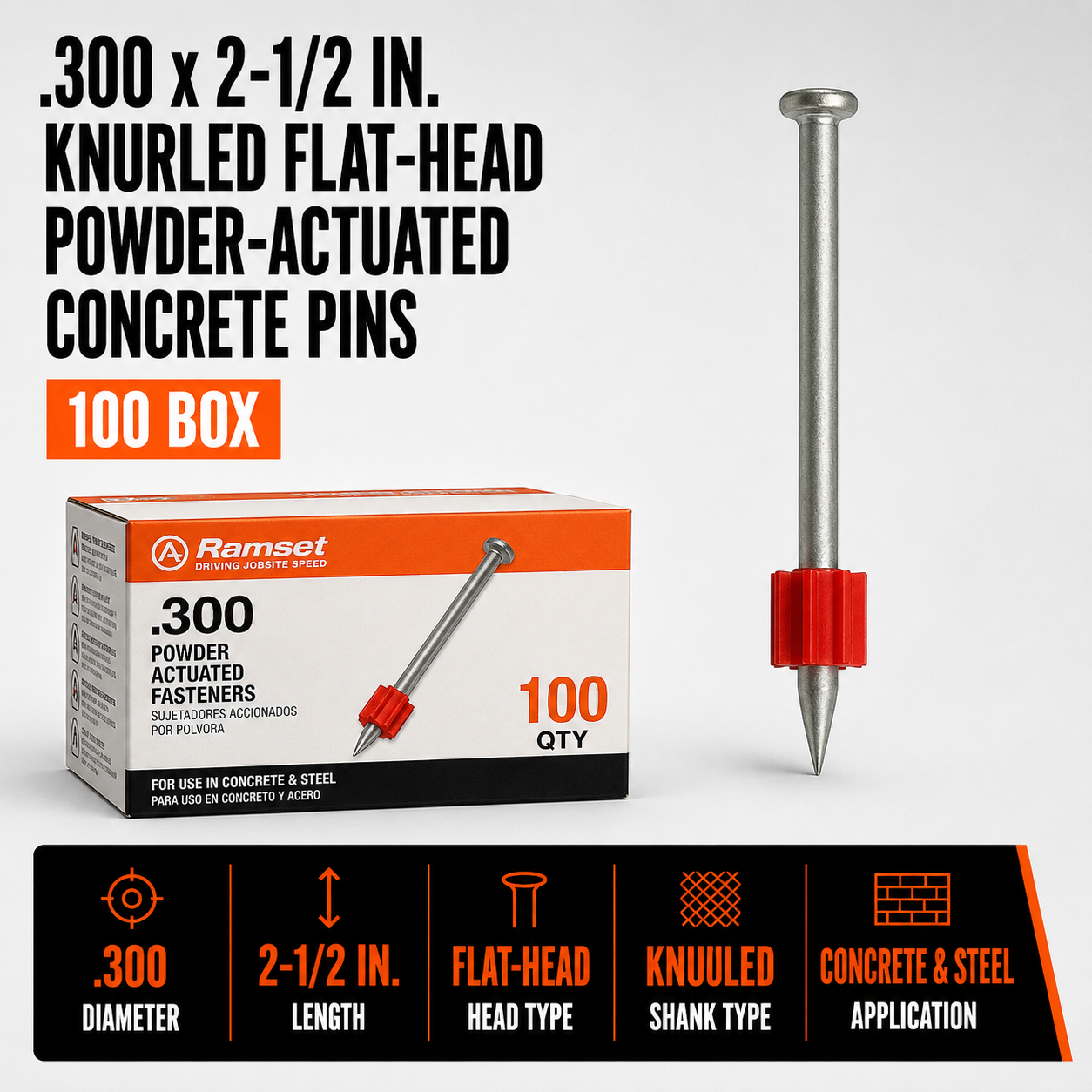 0.300 x 2-1/2 in. Knurled Flat-Head Powder-Actuated Concrete Pins (100 Box)