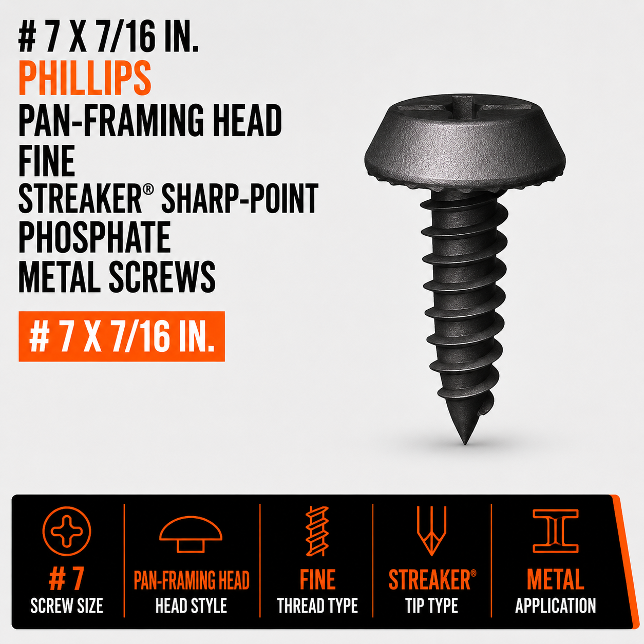 7 x 7-16 in. Phillips Pan-Framing Head Fine Streaker Sharp-Point Phosphate Metal Screws