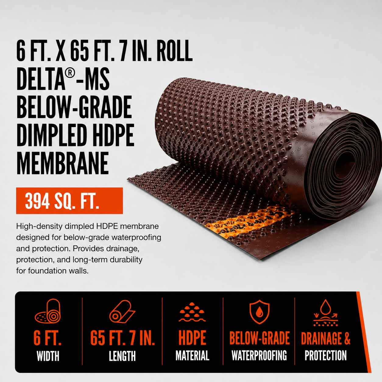 6 ft. x 65 ft. 7 in. Roll DELTA®-MS Below-Grade Dimpled HDPE Membrane (394 sq. ft.)
