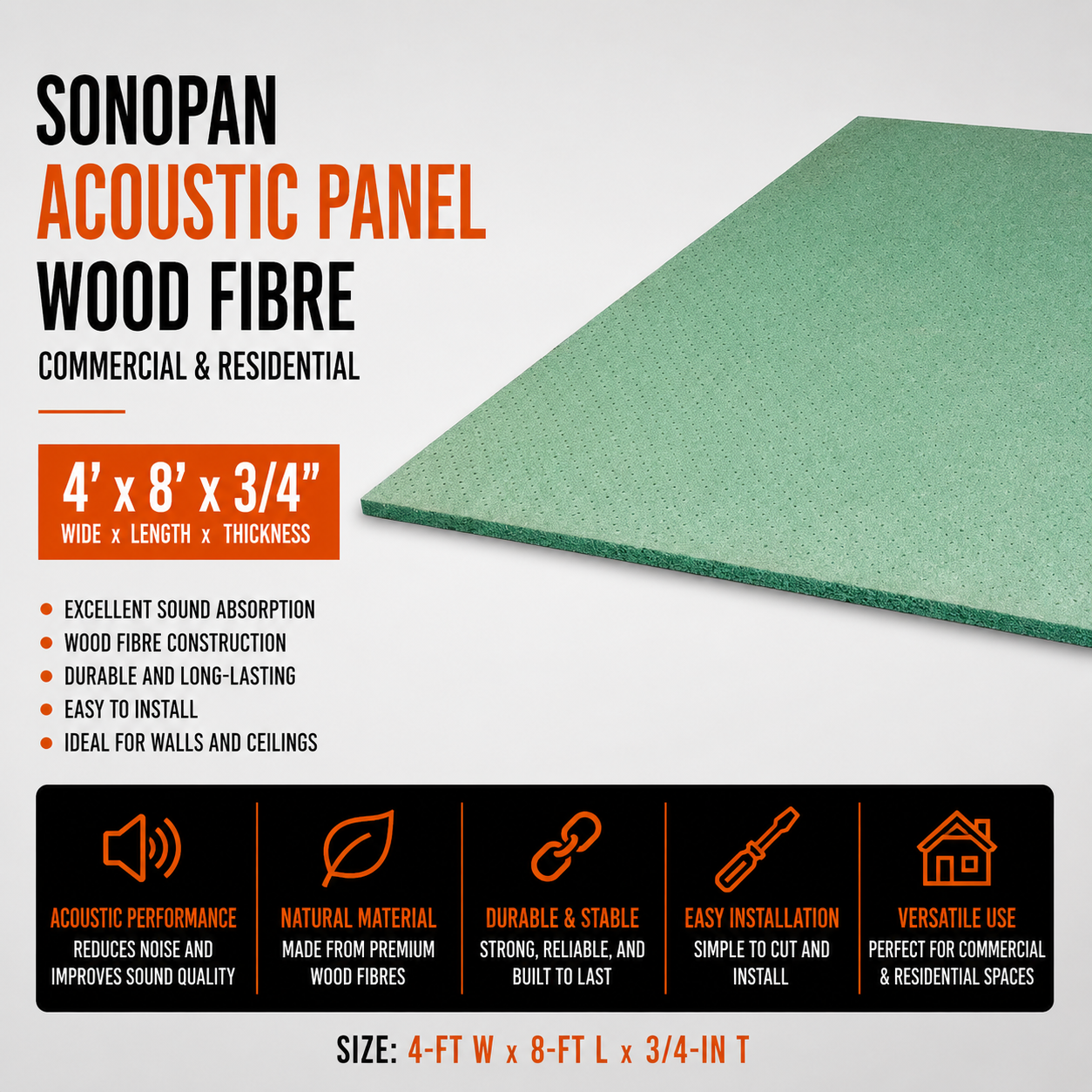 Sonopan Acoustic Panel - Wood Fibre - Commercial and Residential - 4-ft W x 8-ft L x 3/4-in T