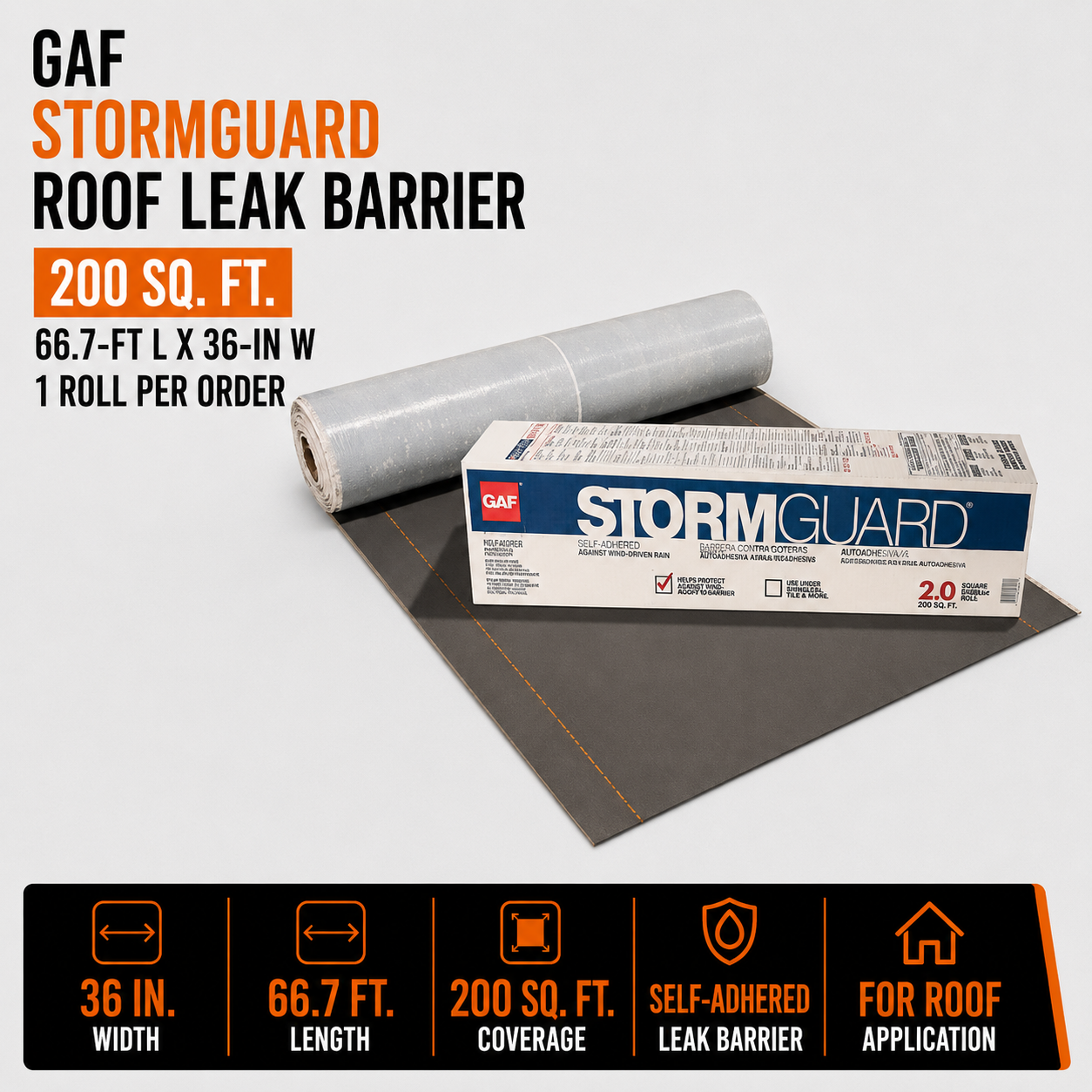 GAF Stormguard Roof Leak Barrier - 200 sq. ft. - 66.7-ft L x 36-in W - 1 Roll Per Order