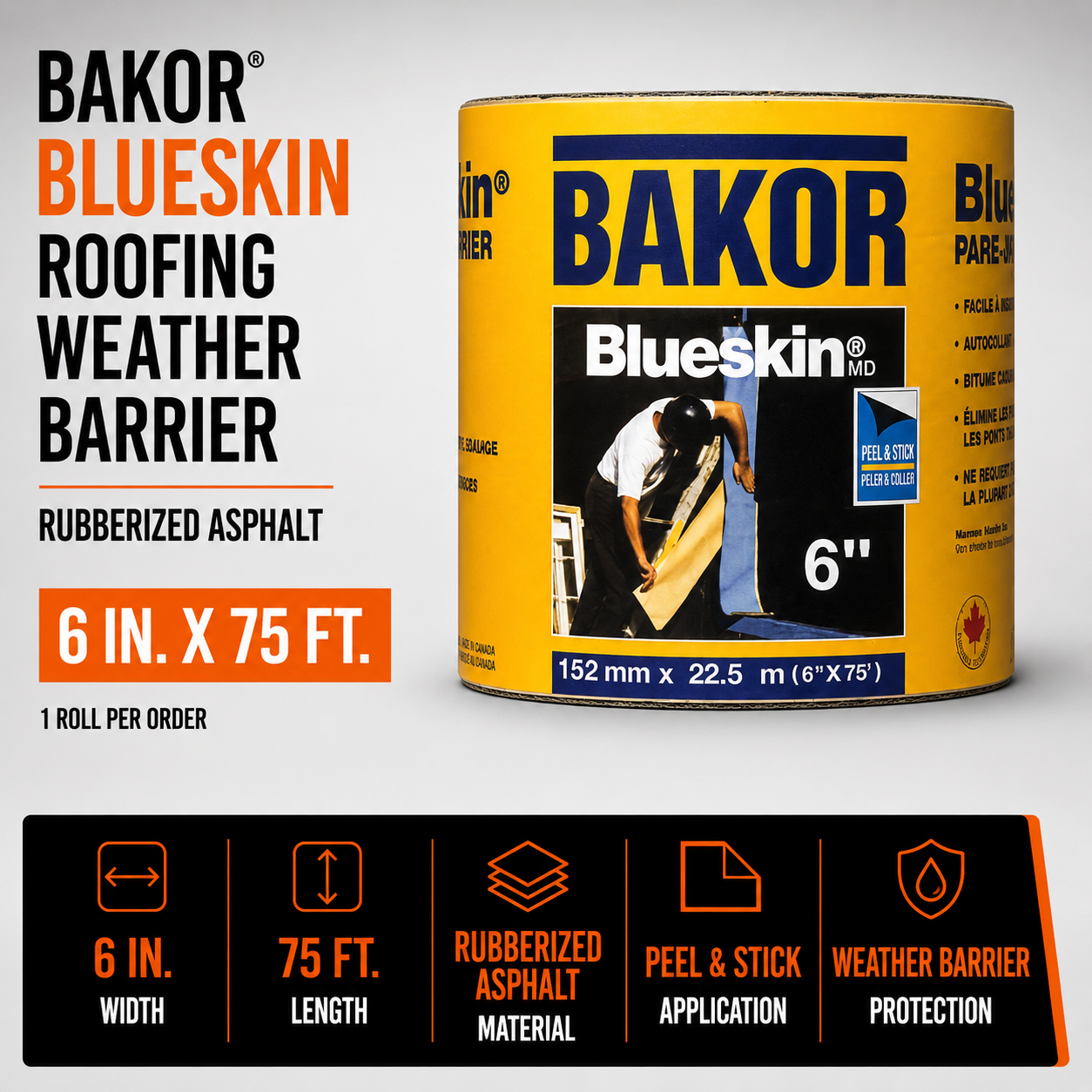 Bakor Blueskin Roofing Weather Barrier - Rubberized Asphalt - 6-in W x 75-ft L - 1 Roll Per Order