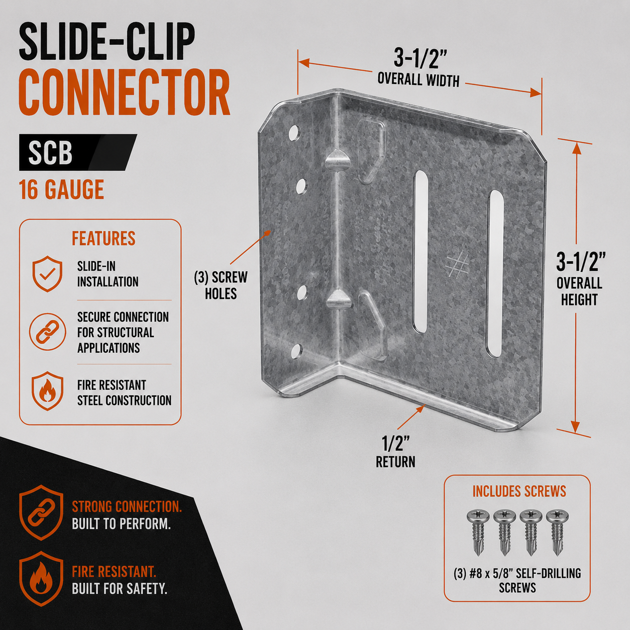 16ga. 3-1/2 in. SCB Slide-Clip Connector w/ Screws