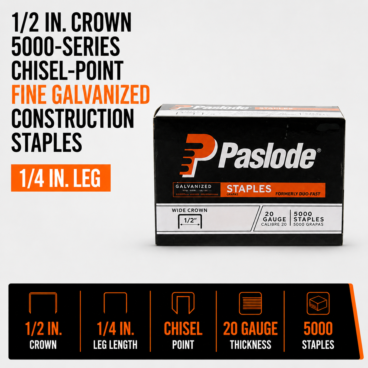 1-2 in. Crown 5000-Series Chisel-Point Fine Galvanized Construction Staples, 1-4 in. Leg