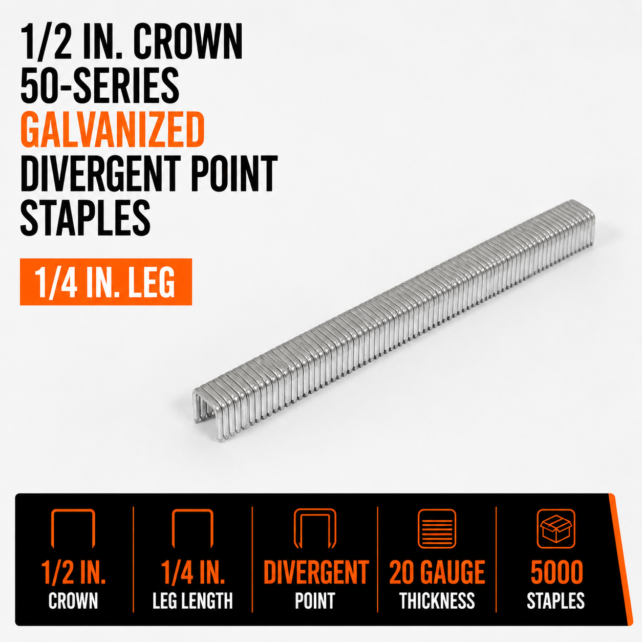 1-2 in. Crown 50-Series Galvanized Divergent Point Staples, 1-4 in. Leg