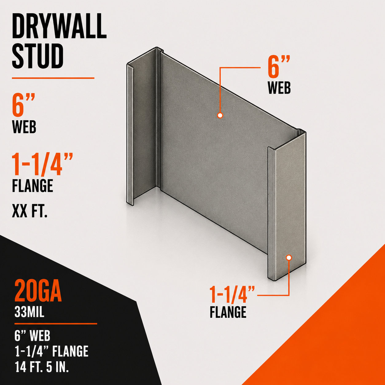 20ga 33mil 6 in. x 14 ft. 5 in. Drywall Stud with 1-1:4 in. Flange