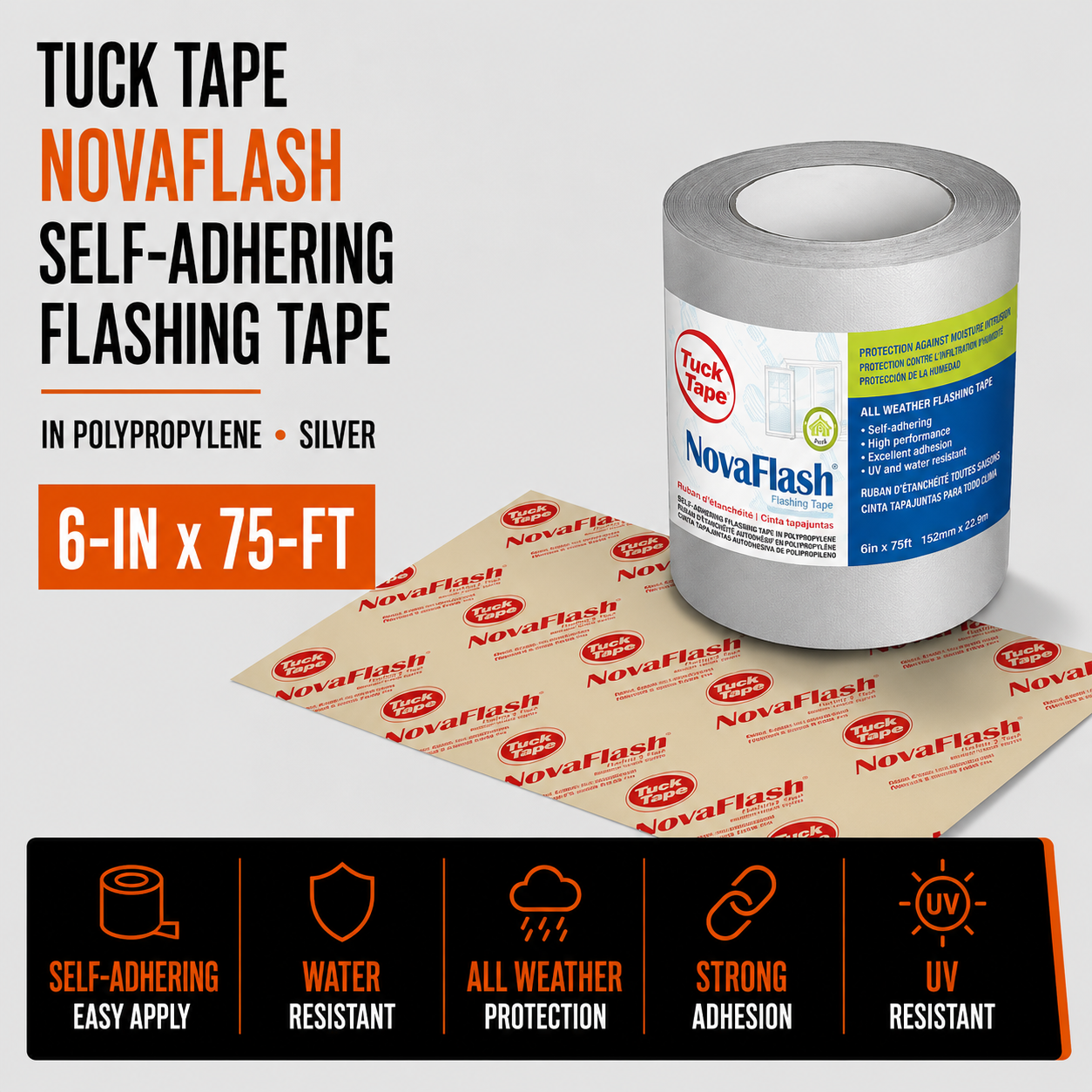 Tuck Tape NovaFlash Self-Adhering Flashing Tape in Polypropylene 6-in x 75-ft - Silver