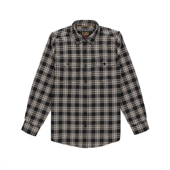 Tilley Tuff Work Shirt for Men with Chest Pockets in Black Plaid Twill - 3X-Large