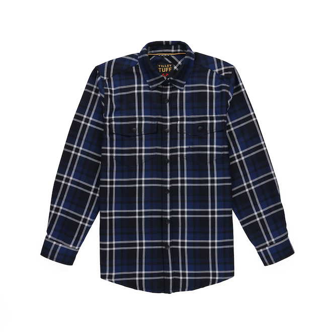 Tilley Tuff Work Shirt for Men with Chest Pockets in Navy Plaid Twill - Medium