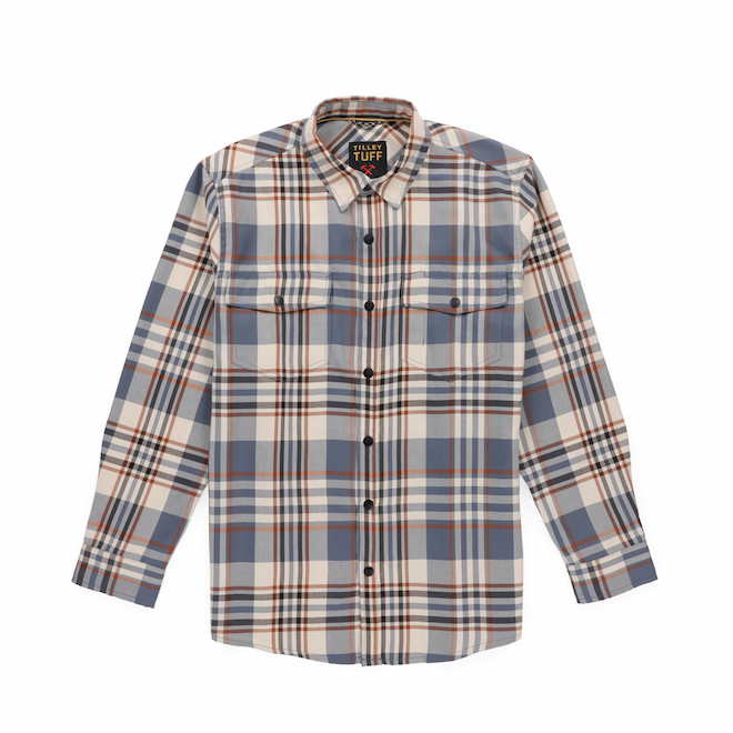 Tilley Tuff Work Shirt for Men with Chest Pockets in Blue and Greige Plaid Twill - Small
