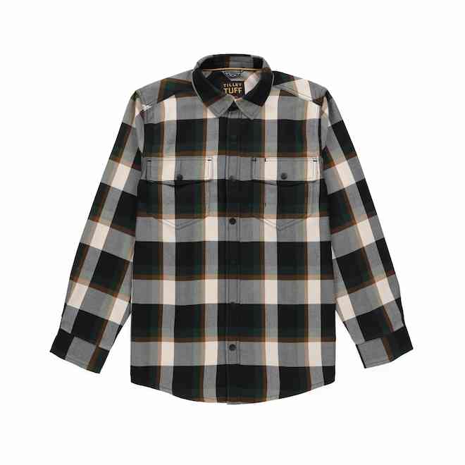 Tilley Tuff Work Shirt for Men with Chest Pockets in Green and Greige Plaid Twill - Small