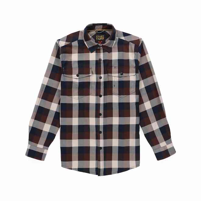 Tilley Tuff Work Shirt for Men with Chest Pockets in Navy and Greige Plaid Twill - 2X-Large