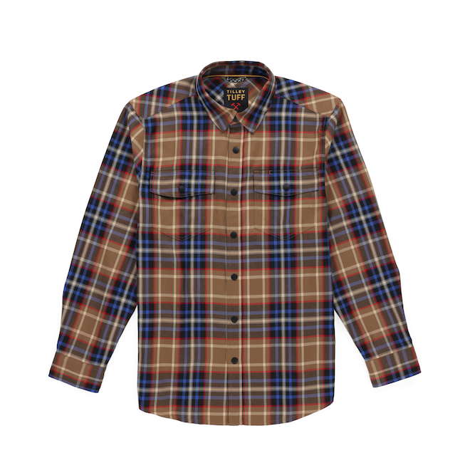 Tilley Tuff Work Shirt for Men with Chest Pockets in Tan Plaid Twill - Small