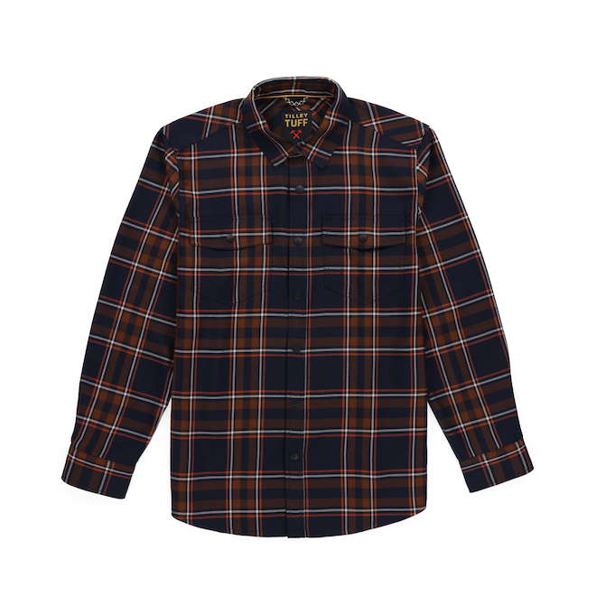 Tilley Tuff Work Shirt for Men with Chest Pockets in Orange and Navy Plaid Twill - Medium