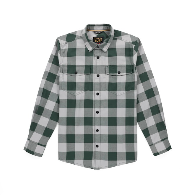 Tilley Tuff Work Shirt for Men with Chest Pockets in Green and Greige Plaid Twill - 2X-Large